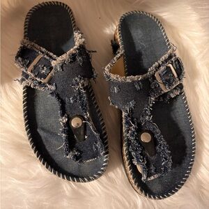 Frayed Denim Sandals with Buckle